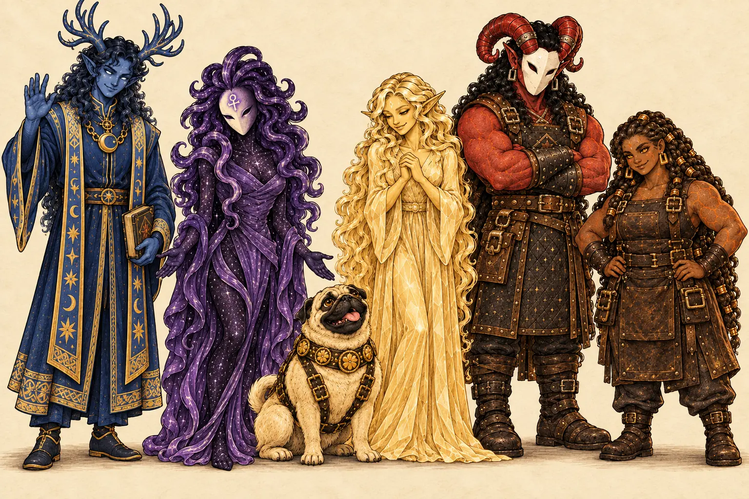The six guides standing in a row: Sabel, Nexus, Pug, Lumen, Torren, and Marra.