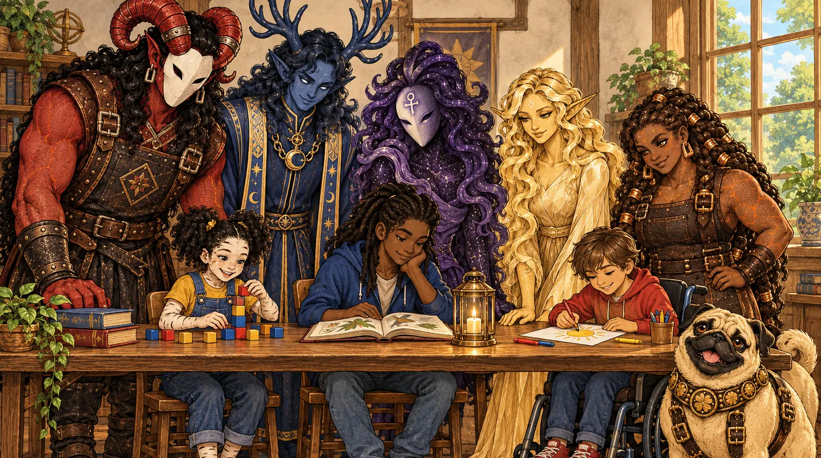 The six guides standing behind a long table where three children stack blocks, read, and draw, with Pug sitting beside them.