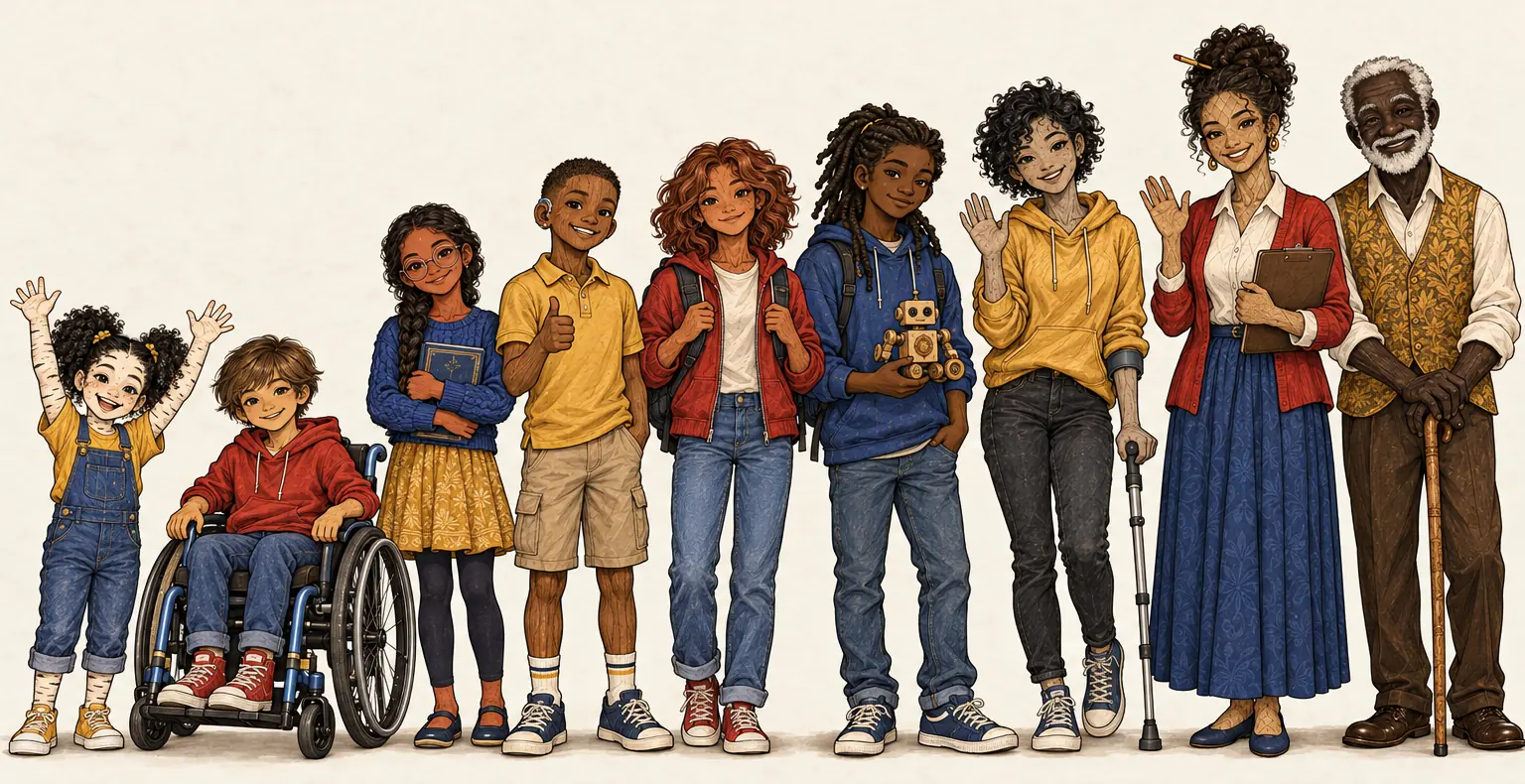The class standing in a row: Birch, Maple, Cherry, Oak, Pine, Walnut, Elm, Ms. Ash, and Grandpa Ebony.