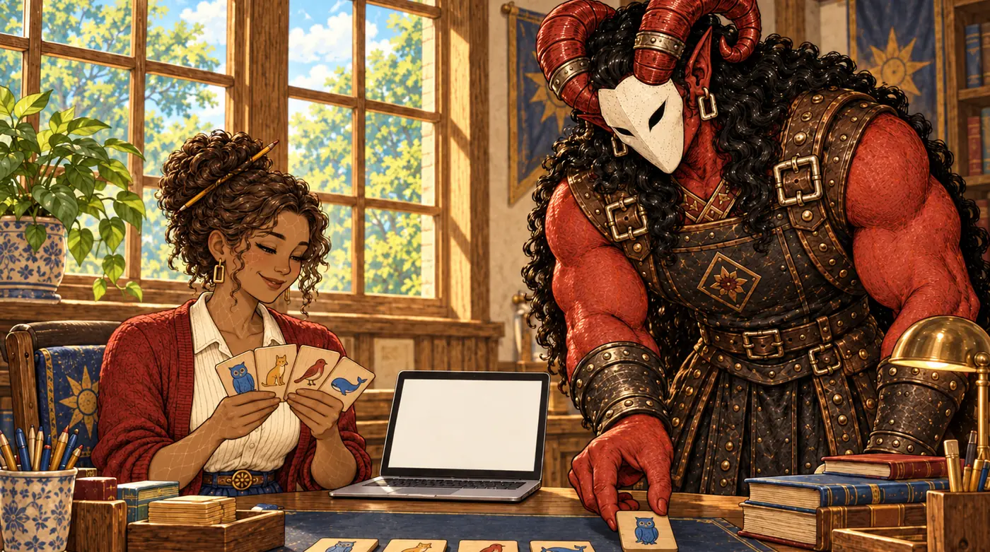 Torren and a teacher at a desk with a laptop and a row of seat cards.