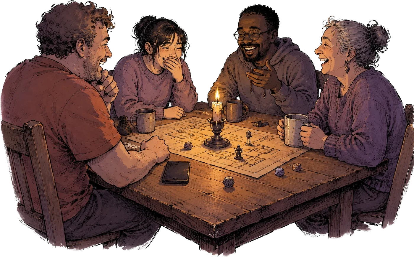 Four people around a table, a candle between them, mid-game