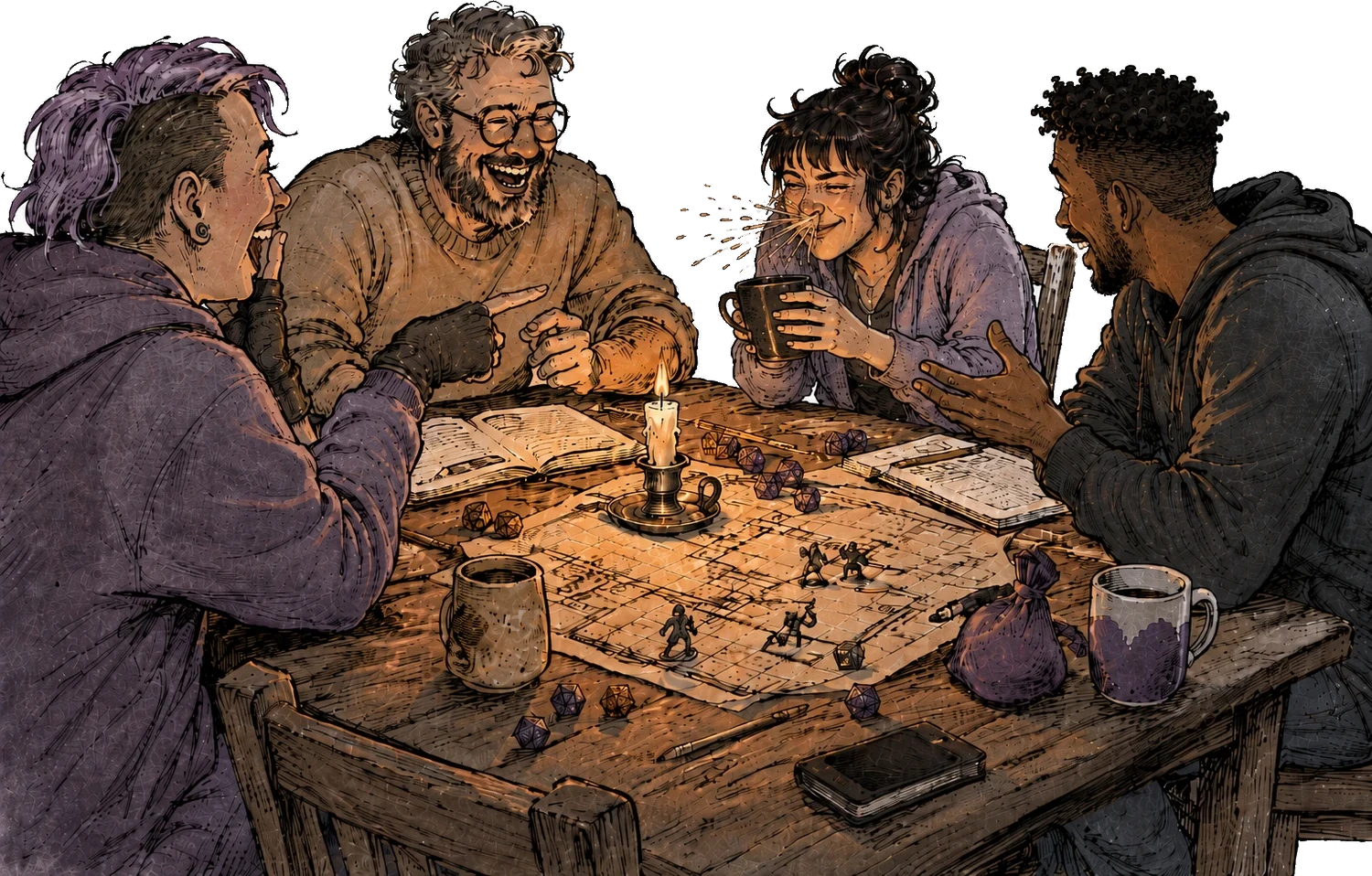 Four people around a small table mid-game: one has just laughed
              into her drink, the others are gone with it, a candle in the middle
              and the miniatures still standing