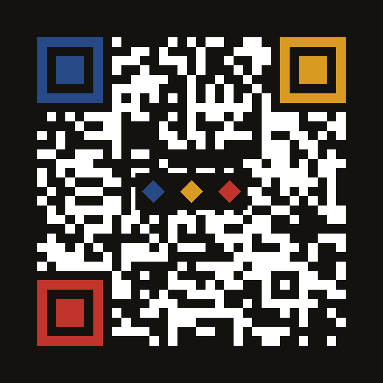 The built-on badge, dark: a QR code in paper white on Candle Black, its three corner patterns in Knowledge blue, Luck gold and Skill red, and three diamonds in the same colours at its centre
